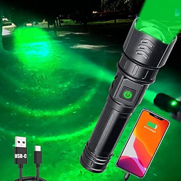 ZC USB-C Rechargeable Green Flashlight Zoomable 1000 Yard Pressure Switch Scope Rail Mount Hogs Predators Night Hunting