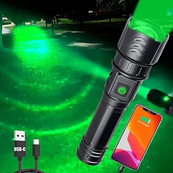 ZC USB-C Rechargeable Green Flashlight Zoomable 1000 Yard Pressure Switch Scope Rail Mount Hogs Predators Night Hunting