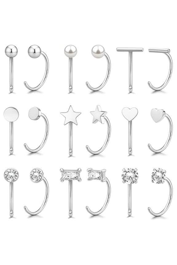14K Gold Huggie Half Hoop Earrings Cartilage Helix Open Hugging Earrings for Women | 9 Pairs Hypoallergenic 316L Stainless Steel Jewelry Set with 5A CZ Pearl Heart Star Bar Dot Ball