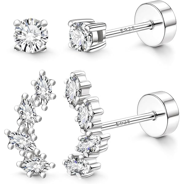 ZC2 Pairs 925 Sterling Silver Flat Back Earrings for Women Dainty Gold CZ Flatback Cartilage Earring Small Helix Tragus Multiple Piercing Jewelry