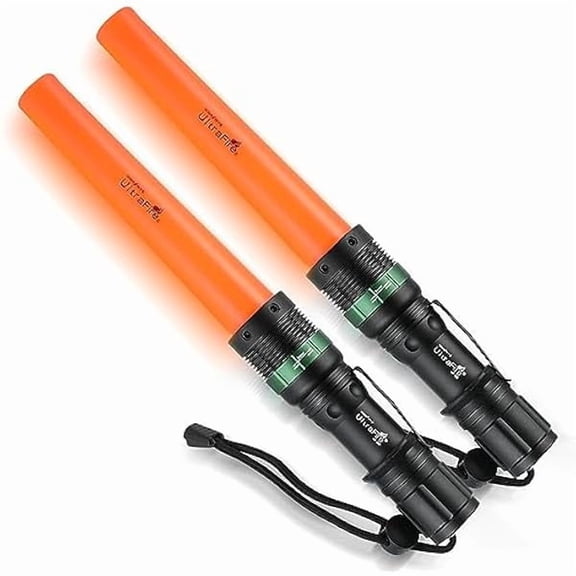 ZC2pc 11-Inch Signal Traffic Wand Safty LED Flashlight 250 Lumen, Red Flashing Mode, Wrist Strap Lanyard, Side Clip, Orange Finish for Kids Outdoor Camping