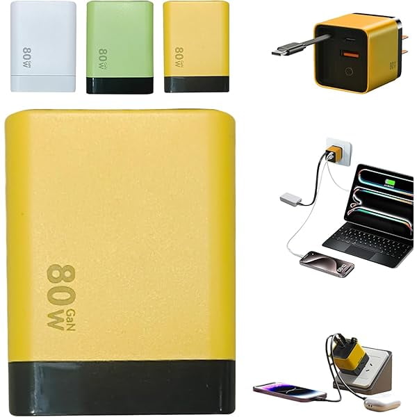 ZC3 in 1 Gan Charger, Scalable 80w Max Fast Charger Module, 80 Watt All in One Charger Retractable Wall Plug with Type-C Cable and 2 USB Ports, for Phones, Tablets (Yellow)