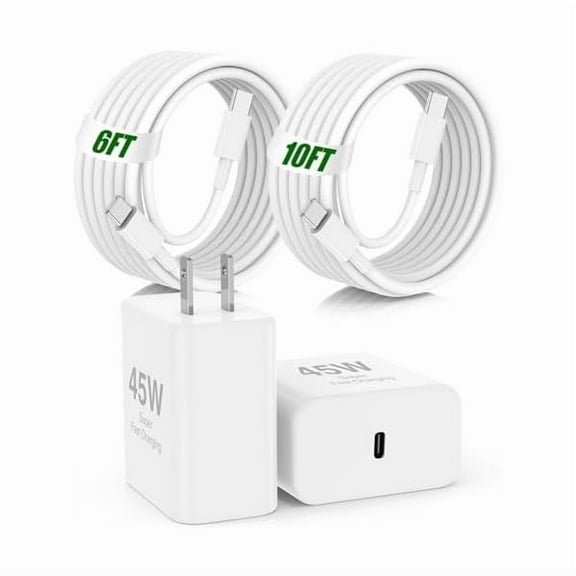 ZC45W Super Fast Charger for iPad 10/11th(A16)/iPad Pro 13/12.9,2Pack USB C Fast Charging Block with 10/6FT Long C to C Cable for iPhone 16 15 Pro Max/Airpods 4 /AirPods Pro 2/for Samsung S25 Ultra