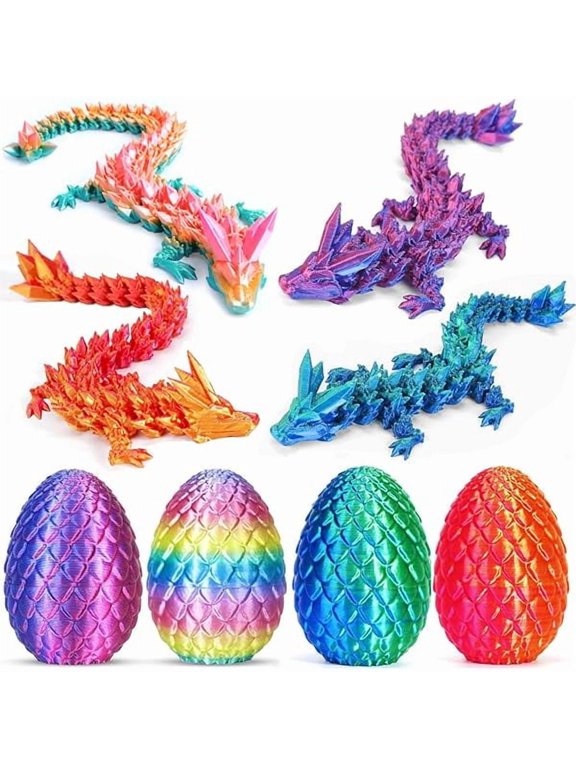 4PCS 3D Printed Dragon Eggs with Dragon Inside, Mini Articulated Crystal Dragons Fidget Toys for Kids & Adults 3D Print Small Dinosaur Eggs Christmas Stockings Easter Gifts for Kids Boy Girls