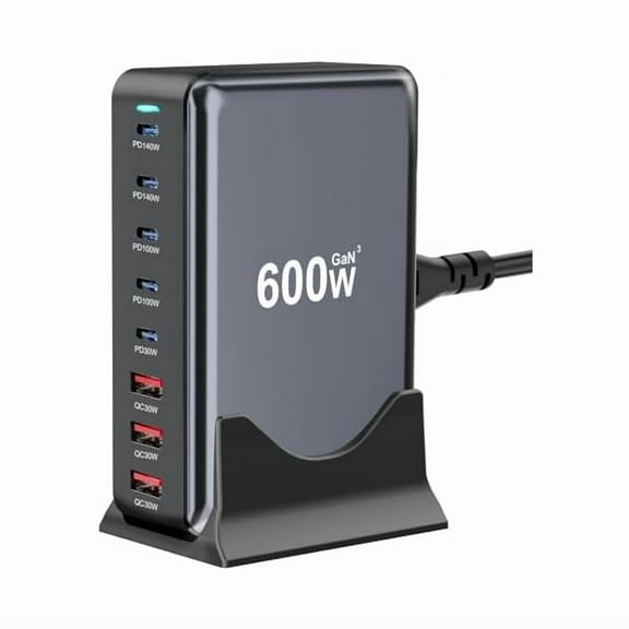 Famous Tech Shop 600W 8-Port GaN III USB-C Fast Charging Station, Dual 140W PD3.1 PPS Multi-Device Charger for Laptops, Phones, and Tablets