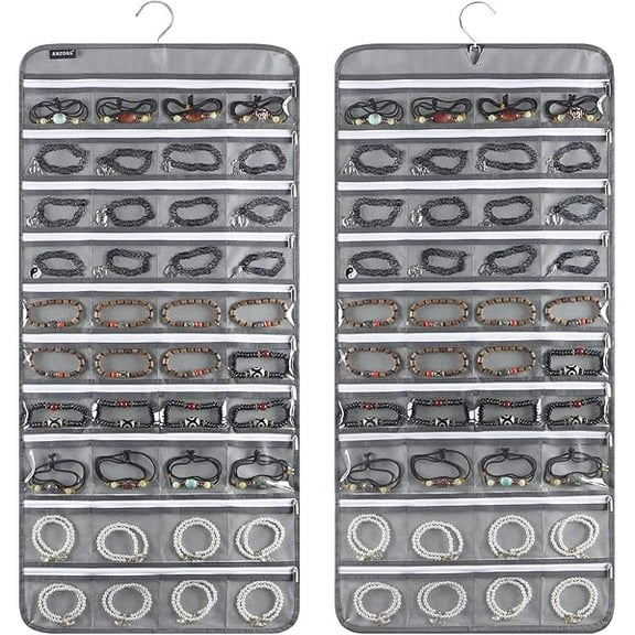 ZC80 Zippered Pockets Hanging Jewelry Organizer for Holding Jewelries Dual-Sided Accessory Display Holder for Earrings Bracelets Rings (80 Zippered Pockets-Grey)