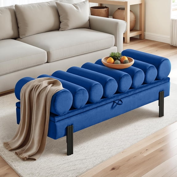 ZCB LIKE HOME 52-Inch Ottoman with Storage for Bedroom, Velvet Upholstered with Arms, End-of-Bed Storage , Entryway Seating Solution (Velvet, Blue)