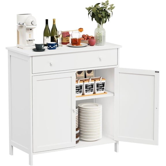 SUNCROWN Buffet Cabinet, 31" Large Sideboard Buffet Storage Cabinet, Modern Farmhouse Coffee Bar Station with a Drawer and Adjustable Shelves, Bamboo Kitchen Table for Kitchen, etc, White