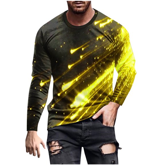 ZCFZJW 3D Falling Stars Print Long Sleeve Graphic T-Shirts for Men Big and Tall Regular Fit Casual Round Neck Pullover Sweatshirts Trendy Athletic Workout Tees Tops Yellow L