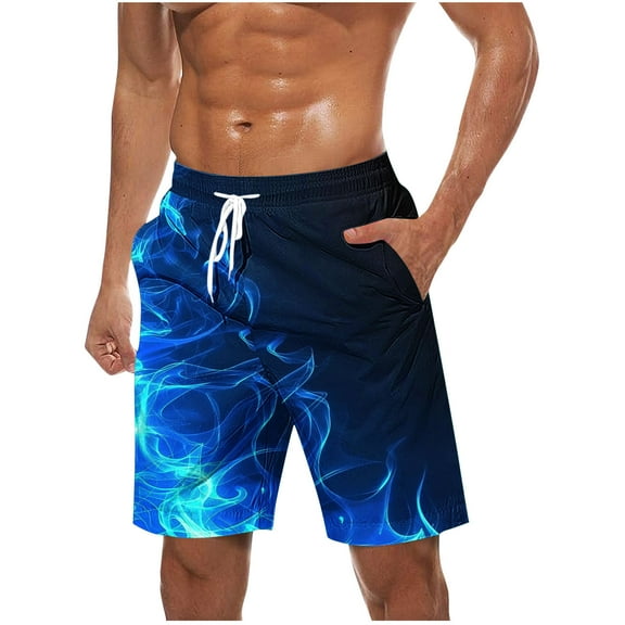 ZCFZJW 3D Flame Novelty Print Beach Shorts for Men Big and Tall Regular Fit Casual Drawstring Elastic Waist Bathing Suit Lightweight Hawaiian Swim Trunks with Pockets Light Blue M