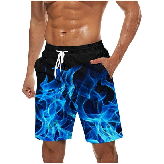 ZCFZJW 3D Flame Novelty Print Beach Shorts for Men Big and Tall Regular Fit Casual Drawstring Elastic Waist Bathing Suit Lightweight Hawaiian Swim Trunks with Pockets Blue XXL