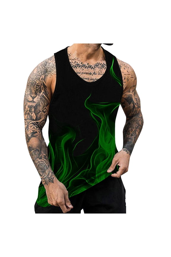 3D Flame Pattern Print Tank Tops for Men Big and Tall Regular Fit Casual Summer Sleeveless Round Neck Graphic Hawawiiwan Beach Tshirt Vest Loose Comfy Athletic Workout Tees Shirt Green L