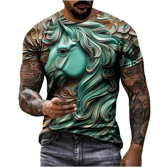 ZCFZJW 3D Horse Print T-Shirts for Men Big and Tall Regular Fit Casual Summer Short Sleeve Western Shirts Vintage Print Daily Vacation Tees Tops Multicolor#09 XXL