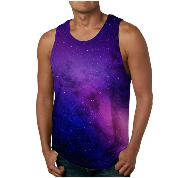 ZCFZJW 3D Novelty Tank Tops for Men Tie Dye Gradient Starry Print Summer Sleeveless Round Neck Pullover T-Shirts Trendy Holiday Beach Tops Dark Purple XXXXL