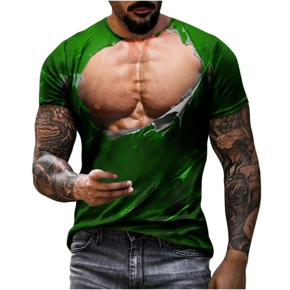 ZCFZJW 3D Novelty Tops for Men Big and Tall Regular Fit Casual Summer Short Sleeve Fake Muscle Pattern Graphic Tees Shirt Trendy Holiday Vacation T-Shirts Green XL