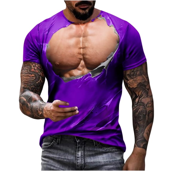 ZCFZJW 3D Novelty Tops for Men Big and Tall Regular Fit Casual Summer Short Sleeve Fake Muscle Pattern Graphic Tees Shirt Trendy Holiday Vacation T-Shirts Purple L