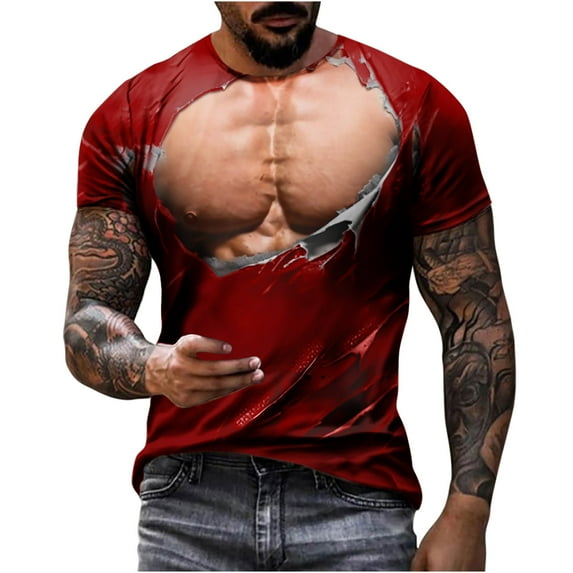 ZCFZJW 3D Novelty Tops for Men Big and Tall Regular Fit Casual Summer Short Sleeve Fake Muscle Pattern Graphic Tees Shirt Trendy Holiday Vacation T-Shirts Wine L