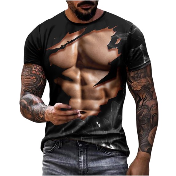 ZCFZJW 3D Workout Tees Shirt for Men Big and Tall Regular Fit Casual Fake Abs Print Summer Short Sleeve Round Neck Graphic T-Shirt Tops Black XL