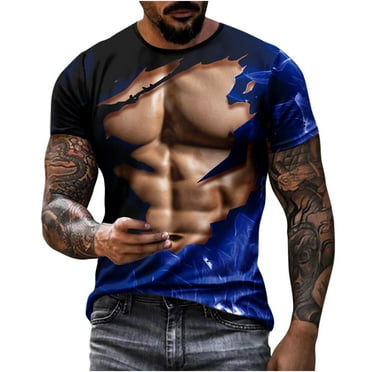 ZCFZJW 3D Workout Tees Shirt for Men Big and Tall Regular Fit Casual Fake Abs Print Summer Short Sleeve Round Neck Graphic T-Shirt Tops Blue XXXL