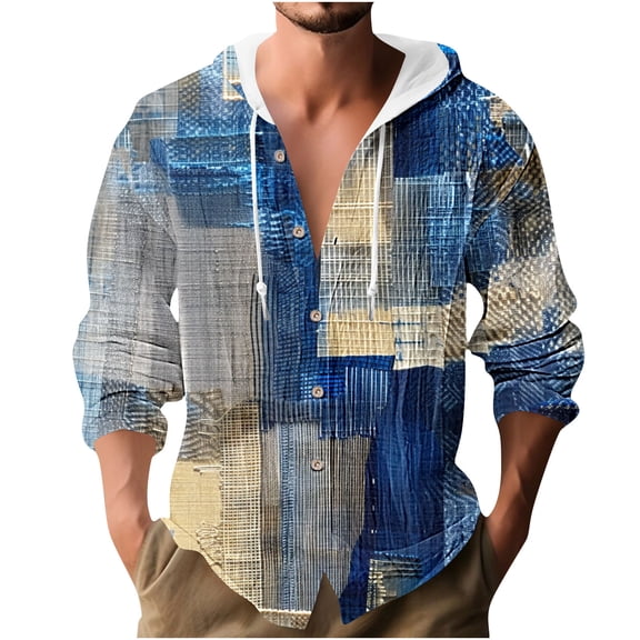 ZCFZJW Athletic Hoodie T-Shirts for Men Vintage Ethnic Style Printed Summer Long Sleeve Button Down Graphic Drawstring Hooded Tops Lightweight Thin Jacket Shirts Multicolor#15 M