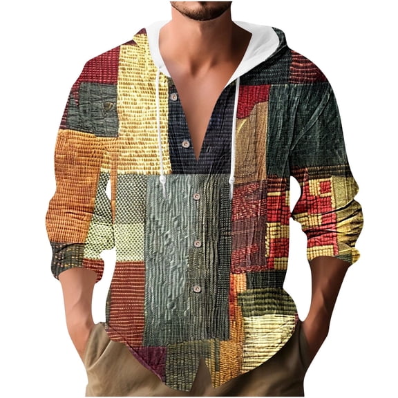 ZCFZJW Athletic Hoodie T-Shirts for Men Vintage Ethnic Style Printed Summer Long Sleeve Button Down Graphic Drawstring Hooded Tops Lightweight Thin Jacket Shirts Multicolor#02 S