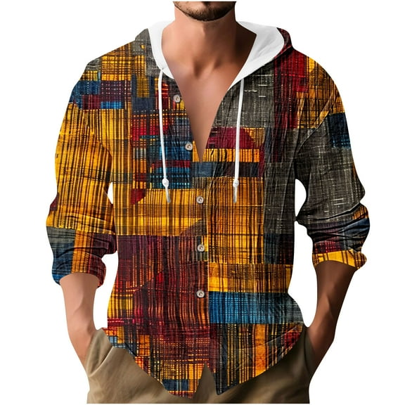 ZCFZJW Athletic Hoodie T-Shirts for Men Vintage Ethnic Style Printed Summer Long Sleeve Button Down Graphic Drawstring Hooded Tops Lightweight Thin Jacket Shirts Multicolor#10 S