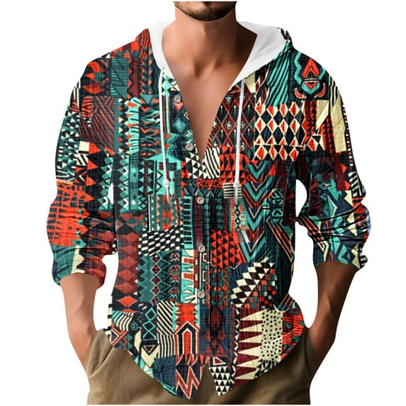 ZCFZJW Athletic Hoodie T-Shirts for Men Vintage Ethnic Style Printed Summer Long Sleeve Button Down Graphic Drawstring Hooded Tops Lightweight Thin Jacket Shirts Multicolor#09 S