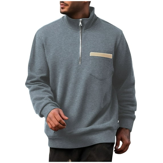 ZCFZJW Athletic Sweatshirts for Men Big and Tall Regular Fit Casual Solid Color Long Sleeve Half Zip up Stand Collar Pullover Tops with Chest Zipper Pockets Dark Gray M