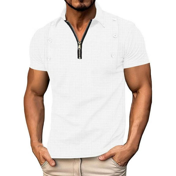 ZCFZJW Athletic T-Shirts for Men Casual Summer Short Sleeve Half Zip up V Neck Collared Gym Workout Tees Shirt Trendy Beach Vacation Outfit Clothes with Button Decor White XXL