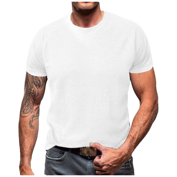 ZCFZJW Athletic T-Shirts for Men Lightweight Waffle Knit Basic Slim Fit Short Sleeve Crew Neck Solid Color Pullover Tops Trendy Cozy Knitwear Sweater Shirts White M