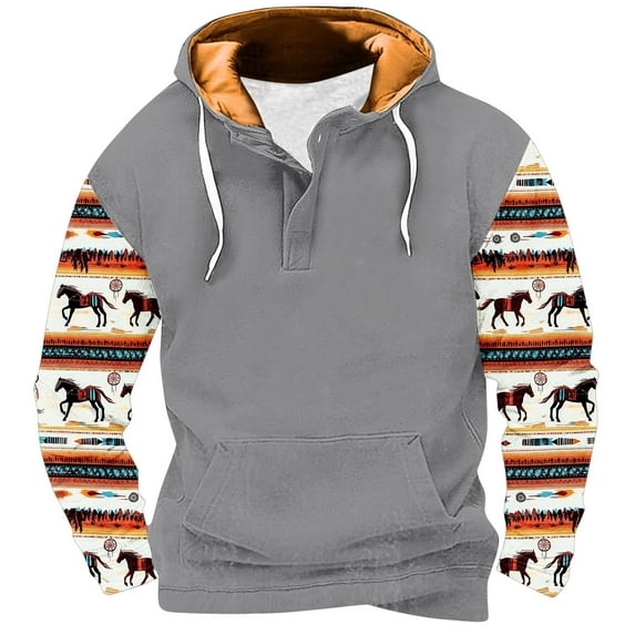 ZCFZJW Aztec Print Hoodie Tops for Men Big and Tall Regular Fit Vintage Cowboy Long Sleeve 1/4 Button up Western Hooded Sweatshirts Loose Lightweight Comfy Pullover with Pockets XL
