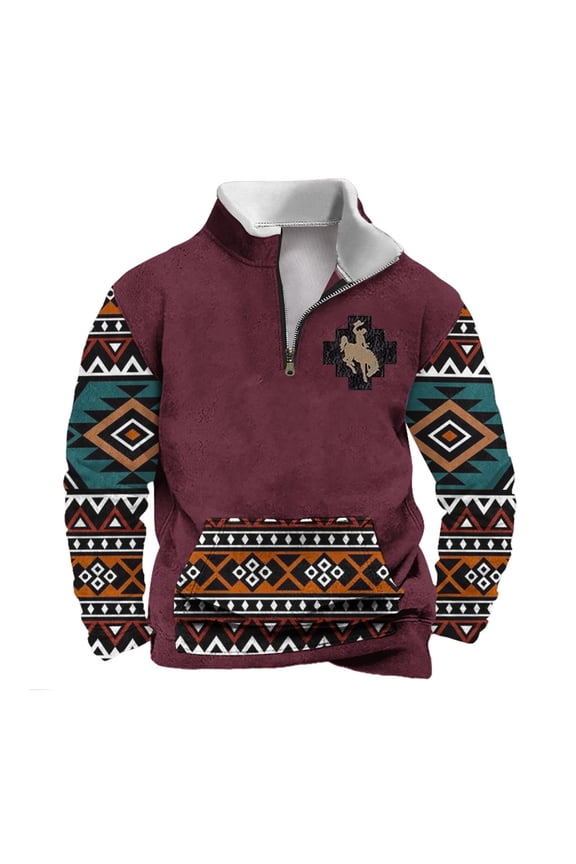 Aztec Sweatshirts for Men Vintage Ethnic Style Pattern Print Casual Long Sleeve 1/4 Zip Fleece Stand Collar Pullover Sweaters Western Tops with Pocket Hot Pink M