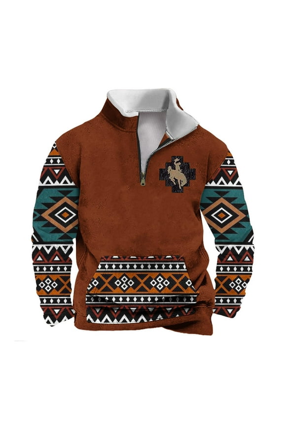 Aztec Sweatshirts for Men Vintage Ethnic Style Pattern Print Casual Long Sleeve 1/4 Zip Fleece Stand Collar Pullover Sweaters Western Tops with Pocket Orange XXXXL
