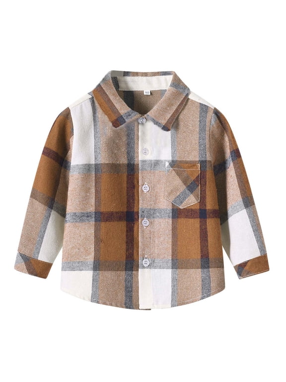 Baby Boys Flannel Shirt Toddler Long Sleeve Button Down Buffalo Plaid Shirt Little Boys Kids Fall Winter Casual Shacket Jackets with Pockets A-Brown 5-6 Years