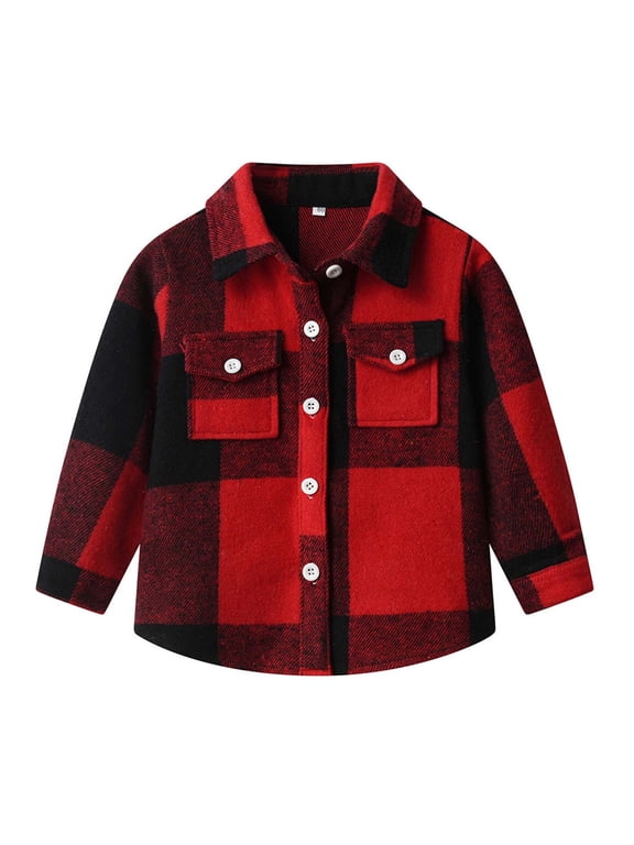 Baby Boys Flannel Shirt Toddler Long Sleeve Button Down Buffalo Plaid Shirt Little Boys Kids Fall Winter Casual Shacket Jackets with Pockets B-Red 2-3 Years