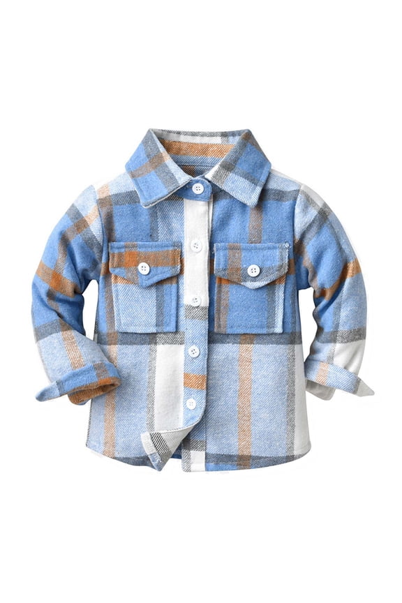 Baby Boys Flannel Shirt Toddler Long Sleeve Button Down Buffalo Plaid Shirt Little Boys Kids Fall Winter Casual Shacket Jackets with Pockets(Blue,5-6 Years)