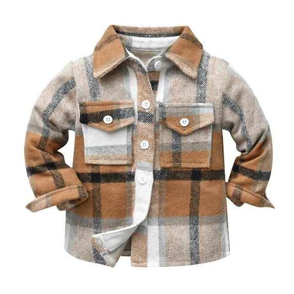 ZCFZJW Baby Boys Flannel Shirt Toddler Long Sleeve Button Down Buffalo Plaid Shirt Little Boys Kids Fall Winter Casual Shacket Jackets with Pockets(Coffee,3-4 Years)