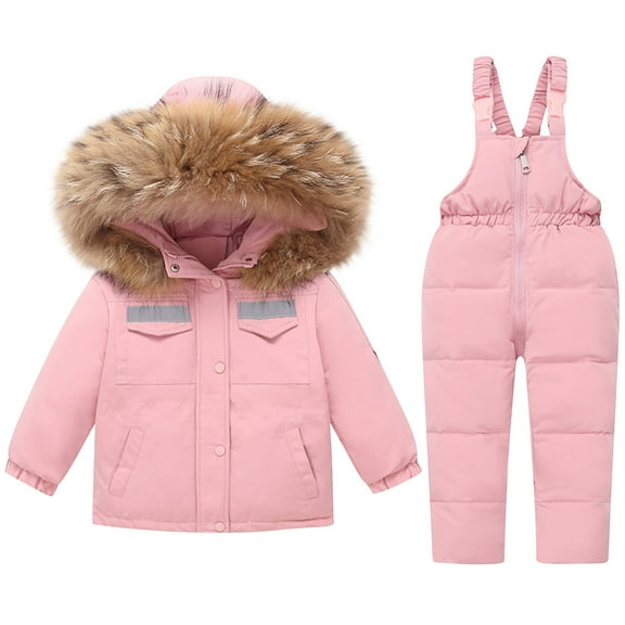 ZCFZJW Baby Boys Girls Two Piece Snowsuit, Winter Toddler Kids Long Sleeve Hooded Puffer Thickened Down Jacket Coat with Long Snow Ski Bib Pants Outfits Set D-Pink 1-2 Years
