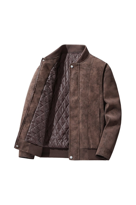 Baseball Bomber Jacket for Men PU Leather Quilted Down Puffer Coat Loose Fit Stylish Winter Thick Warm Outerwear for Cold Weather Coffee M