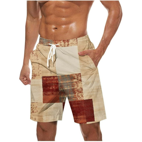 ZCFZJW Bermuda Shorts for Men Vintage Color Block Print Summer Drawstring Elastic Waist Beach Board Shorts Quick Dry Swim Trunks with Pockets Brown XXXXL