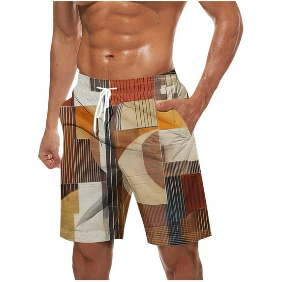 ZCFZJW Bermuda Shorts for Men Vintage Color Block Print Summer Drawstring Elastic Waist Beach Board Shorts Quick Dry Swim Trunks with Pockets Khaki#01 XL