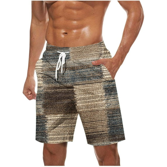 ZCFZJW Bermuda Shorts for Men Vintage Color Block Print Summer Drawstring Elastic Waist Beach Board Shorts Quick Dry Swim Trunks with Pockets Khaki#04 S