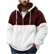 ZCFZJW Big and Tall Regular Fit Color Block Print Long Sleeve Full Zip up Jackets for Men Casual Drawstring Sherpa Fleece Hooded Pullover Sweatshirts Trendy Warm Coat Tops Wine M