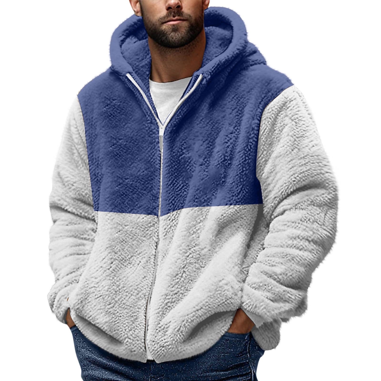 ZCFZJW Big and Tall Regular Fit Color Block Print Long Sleeve Full Zip up Jackets for Men Casual Sherpa Fleece Hooded Pullover Sweatshirts Trendy Warm Coat Tops A-Blue XXL