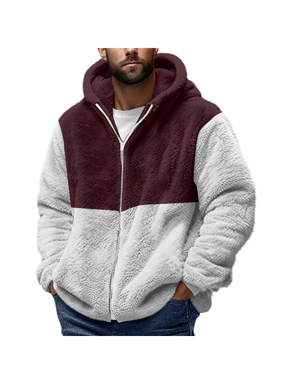 Big and Tall Regular Fit Color Block Print Long Sleeve Full Zip up Jackets for Men Casual Sherpa Fleece Hooded Pullover Sweatshirts Trendy Warm Coat Tops A-Wine S