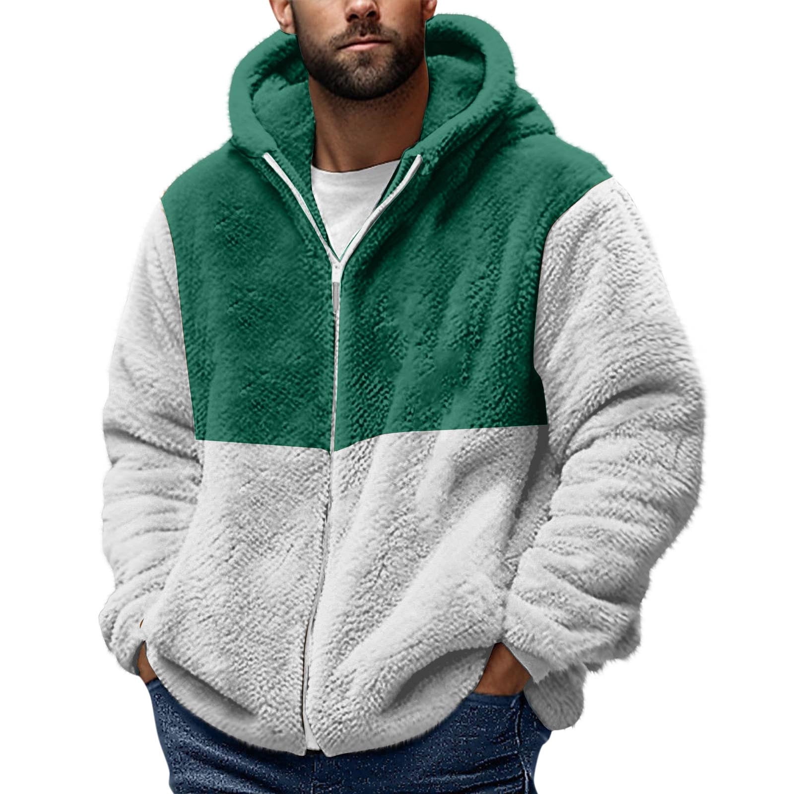 ZCFZJW Big and Tall Regular Fit Color Block Print Long Sleeve Full Zip up Jackets for Men Casual Sherpa Fleece Hooded Pullover Sweatshirts Trendy Warm Coat Tops A-Green XXXXXL