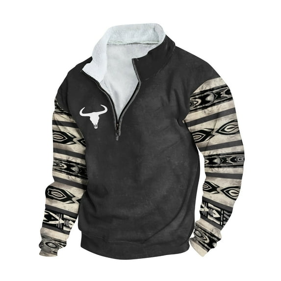 ZCFZJW Big and Tall Regular Fit Graphic Athletic Workout Sweatshirts for Men Trendy Vintage Aztec Pattern Print Raglan Long Sleeve Half Zip up Pullover Tops Black XXXXL