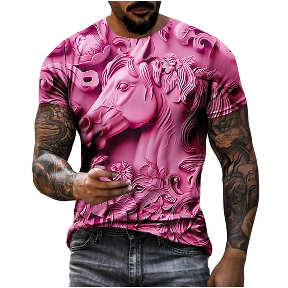 ZCFZJW Big and Tall Regular Fit Graphic T-Shirts for Men Vintage 3D Horse Pattern Print Summer Short Sleeve Round Neck Pullover Tops Trendy Outdoor Daily Vacation Tees Shirt Hot Pink M