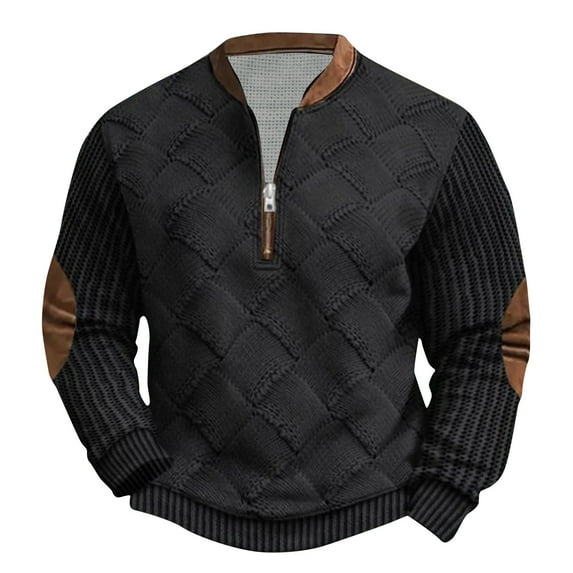 ZCFZJW Big and Tall Regular Fit Henley Tops for Men Casual Long Sleeve Twist Cable Knit Half Zipper V Neck Sweater Shirts Trendy Comfy Baggy Sweatshirts with Elbow Patch Black XXXXL