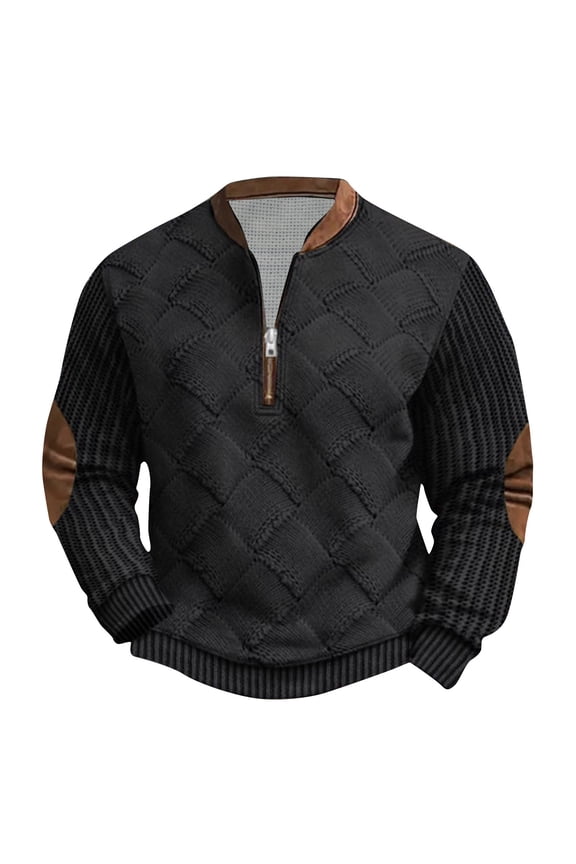 Big and Tall Regular Fit Henley Tops for Men Casual Long Sleeve Twist Cable Knit Half Zipper V Neck Sweater Shirts Trendy Comfy Baggy Sweatshirts with Elbow Patch Black XXXXL